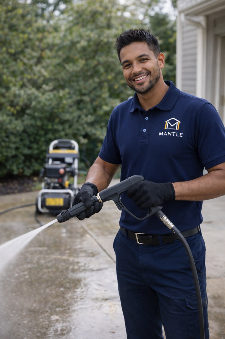 MANTLE technician pressure washing a driveway