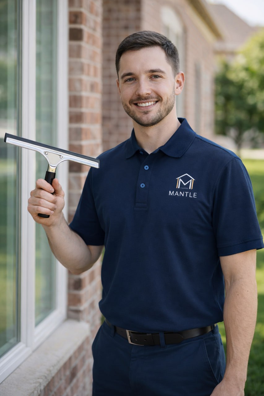 MANTLE technician carefully hand-washing window screens